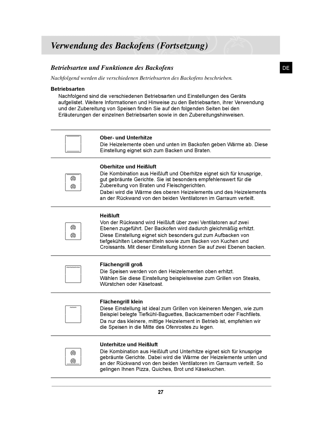 Samsung BT65CDSTR/BWT, BT65CDST/XEG manual Betriebsarten und Funktionen des Backofens 