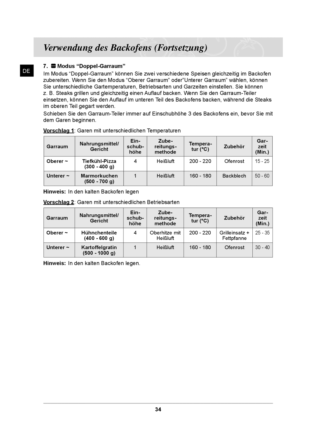 Samsung BT65CDST/XEG, BT65CDSTR/BWT manual Modus Doppel-Garraum 