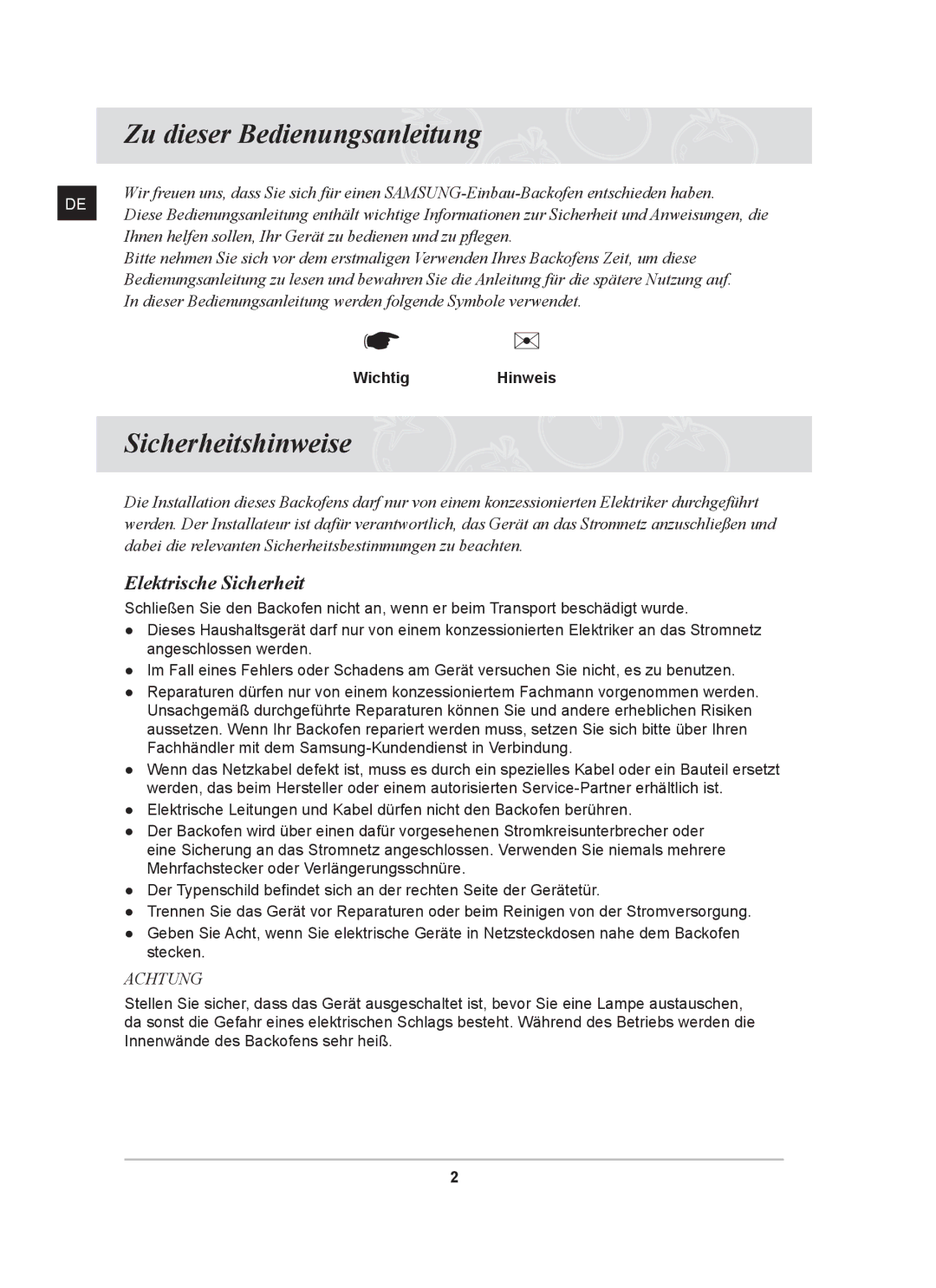 Samsung BT65CDST/XEG manual Zu dieser Bedienungsanleitung, Sicherheitshinweise, Elektrische Sicherheit, Wichtig Hinweis 