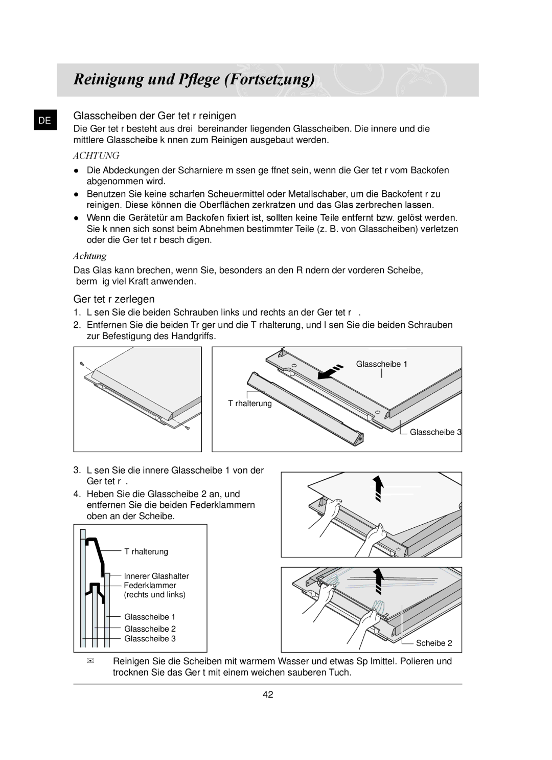 Samsung BT65CDST/XEG, BT65CDSTR/BWT manual Glasscheiben der Gerätetür reinigen, Gerätetür zerlegen 