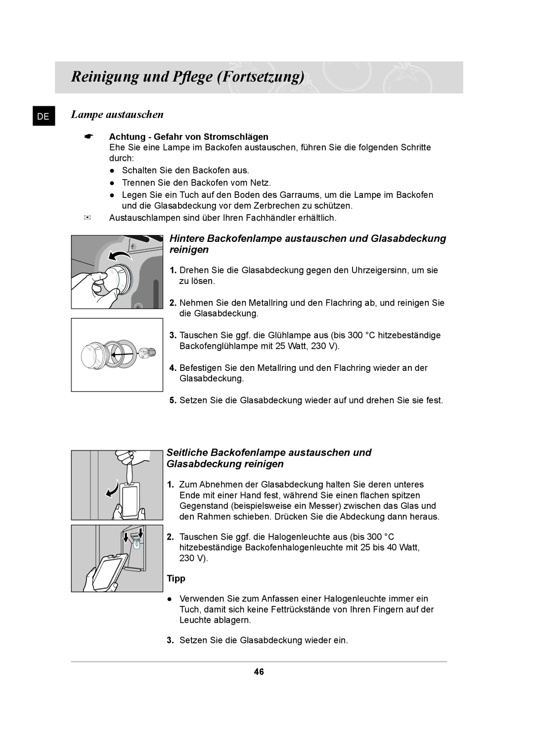 Samsung BT65CDST/XEG, BT65CDSTR/BWT manual Lampe austauschen, Achtung Gefahr von Stromschlägen, Tipp 