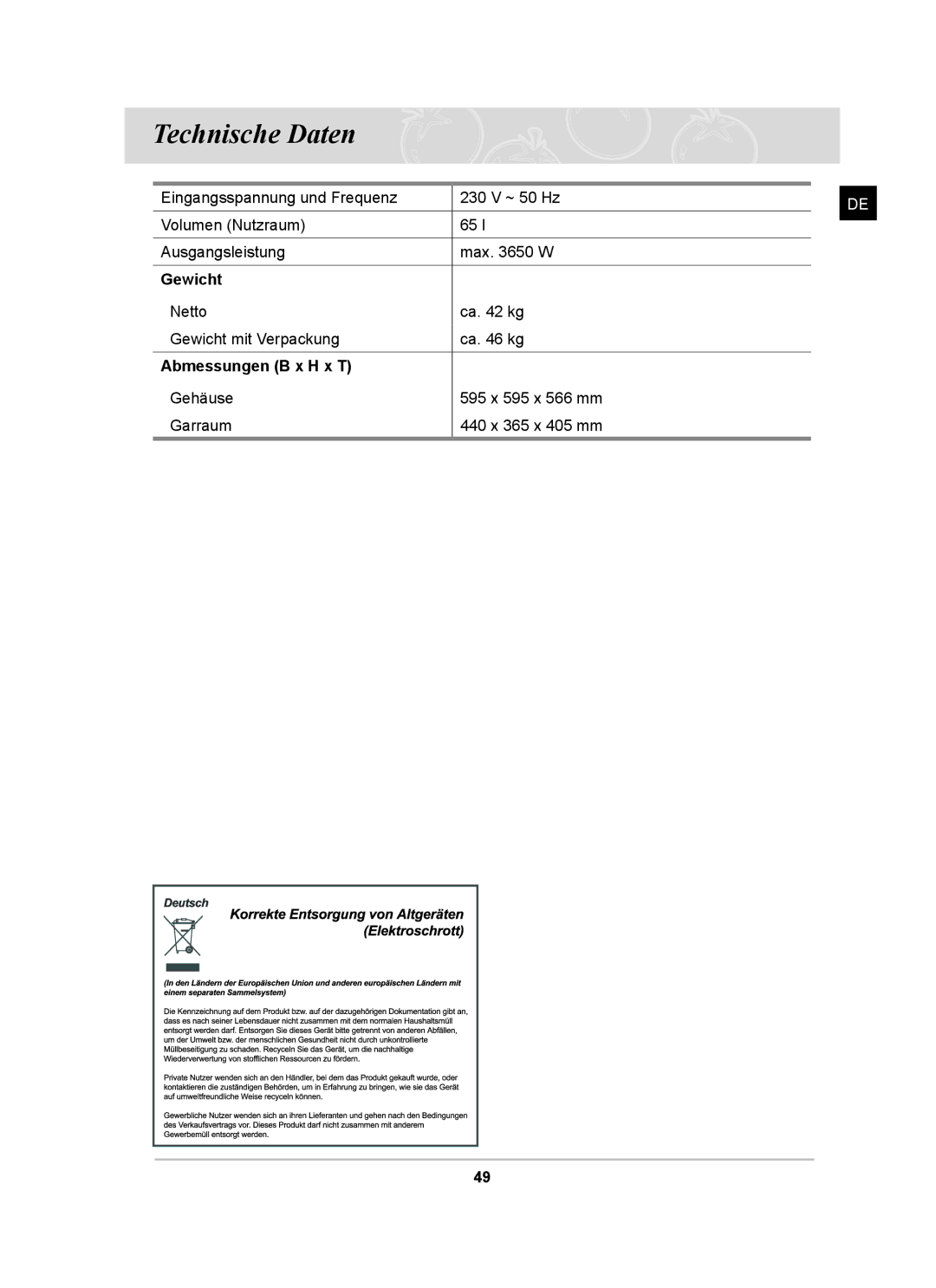 Samsung BT65CDSTR/BWT, BT65CDST/XEG manual Technische Daten, Gewicht, Abmessungen B x H x T 