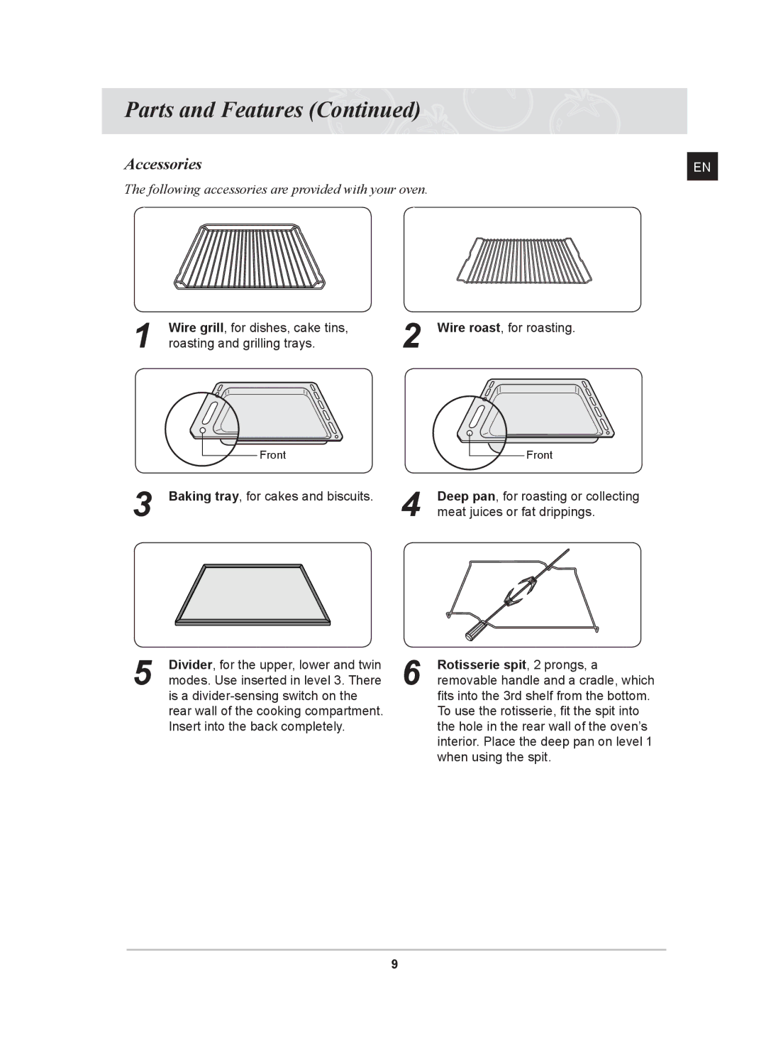 Samsung BT65FQBPST, BT65FQBFST owner manual Accessories, Rotisserie spit, 2 prongs, a 