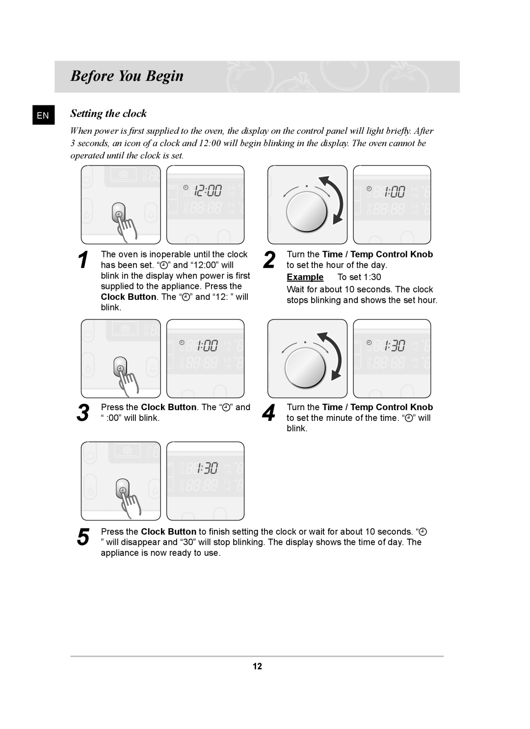 Samsung BT65FQBFST, BT65FQBPST owner manual Before You Begin, Setting the clock 