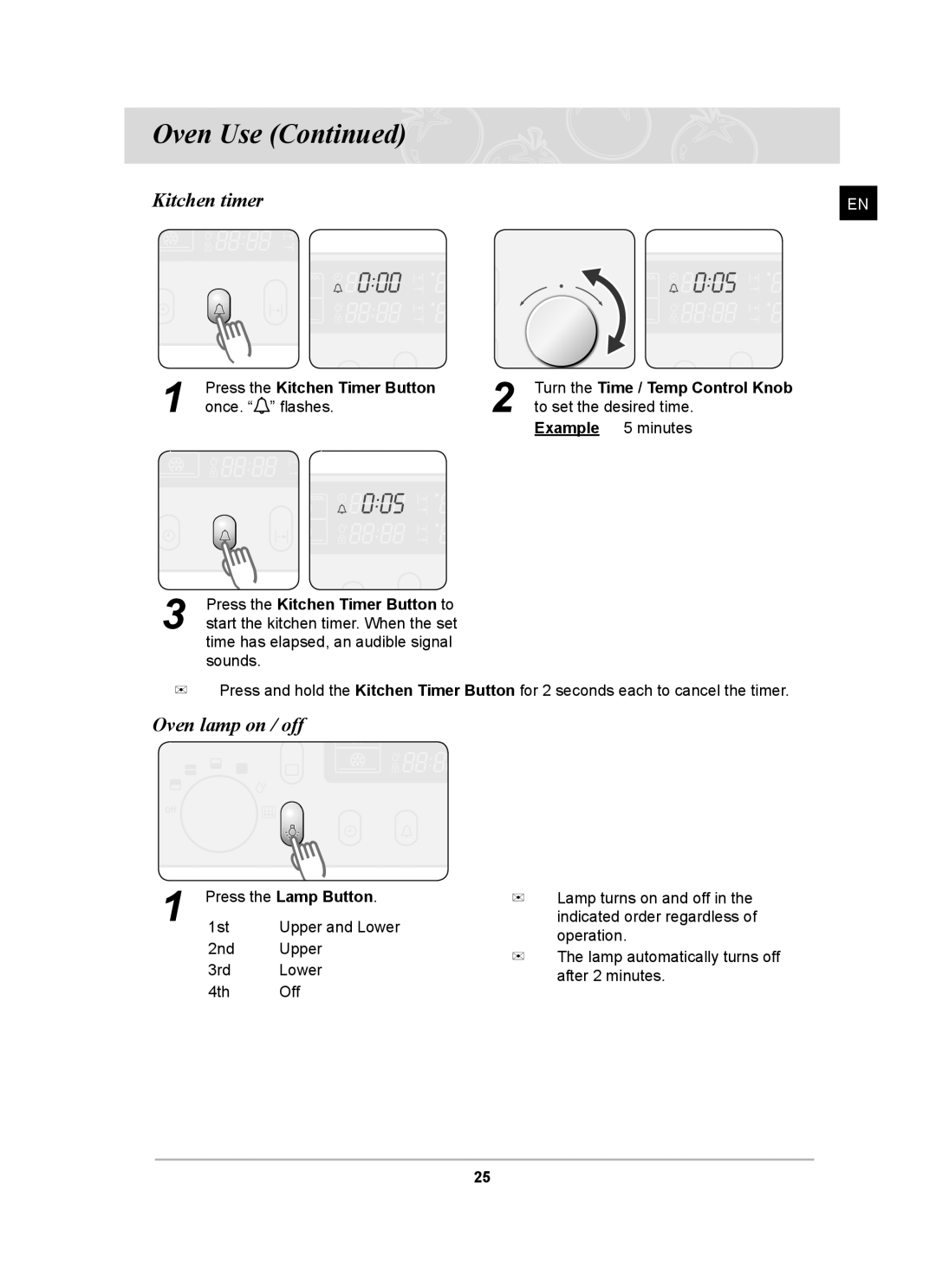 Samsung BT65FQBPST, BT65FQBFST owner manual Kitchen timer, Oven lamp on / off, Press the Kitchen Timer Button 