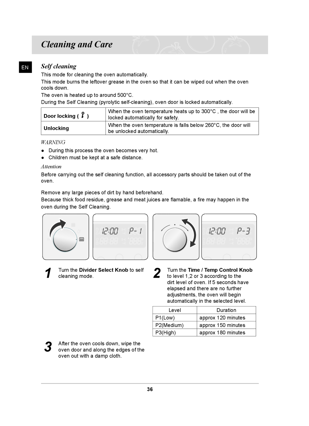 Samsung BT65FQBFST, BT65FQBPST Cleaning and Care, Self cleaning, Door locking, Unlocking, To level 1,2 or 3 according to 