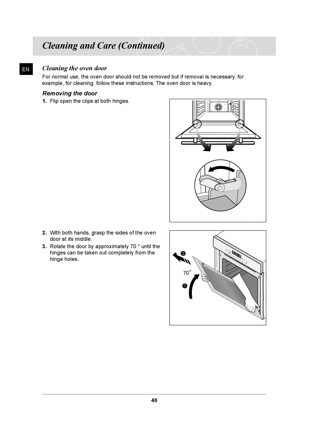 Samsung BT65FQBFST, BT65FQBPST owner manual Cleaning the oven door, Removing the door 