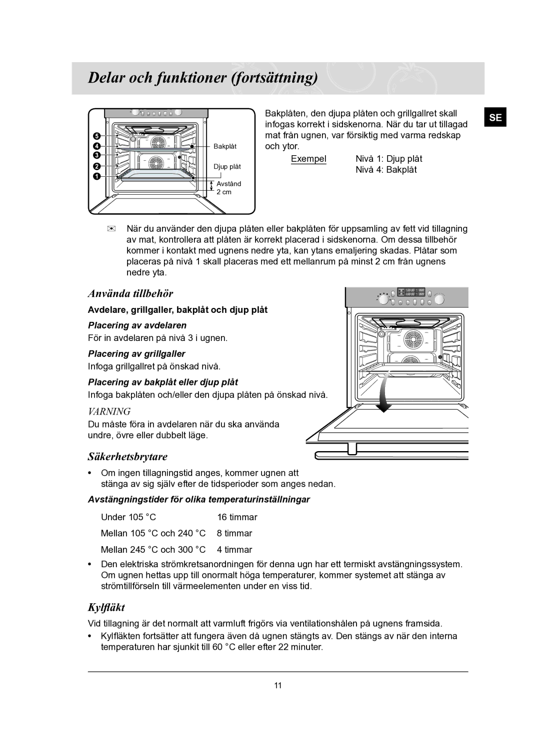 Samsung BT65FQBFST/XEE manual Använda tillbehör, Säkerhetsbrytare, Kylﬂäkt 