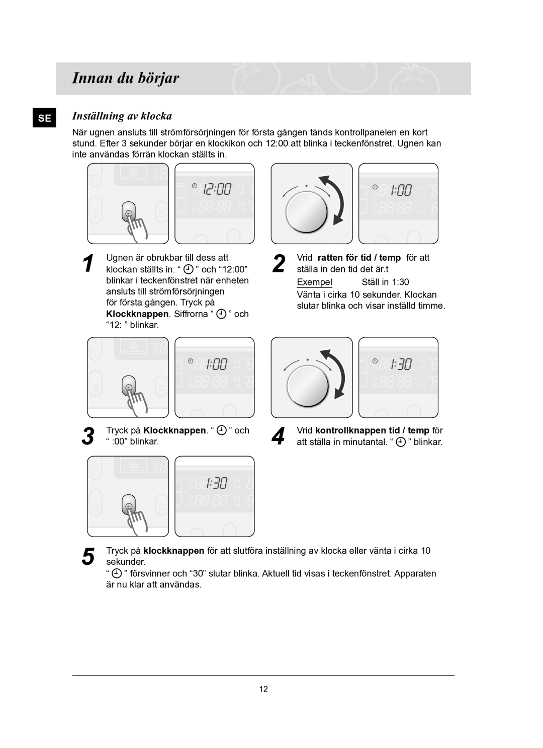 Samsung BT65FQBFST/XEE manual Innan du börjar, Inställning av klocka, Vrid ratten för tid / temp för att 