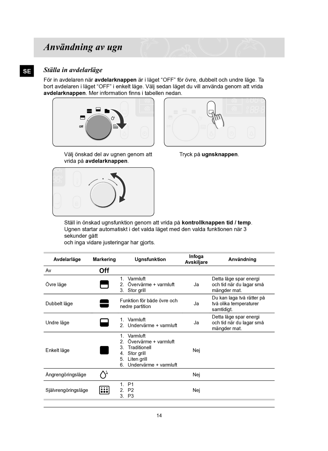 Samsung BT65FQBFST/XEE manual Användning av ugn, Ställa in avdelarläge, Vrida på avdelarknappen 