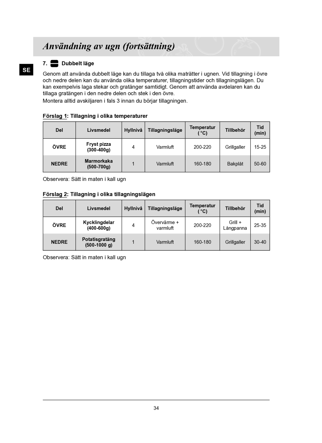 Samsung BT65FQBFST/XEE manual Dubbelt läge, Förslag 1 Tillagning i olika temperaturer 