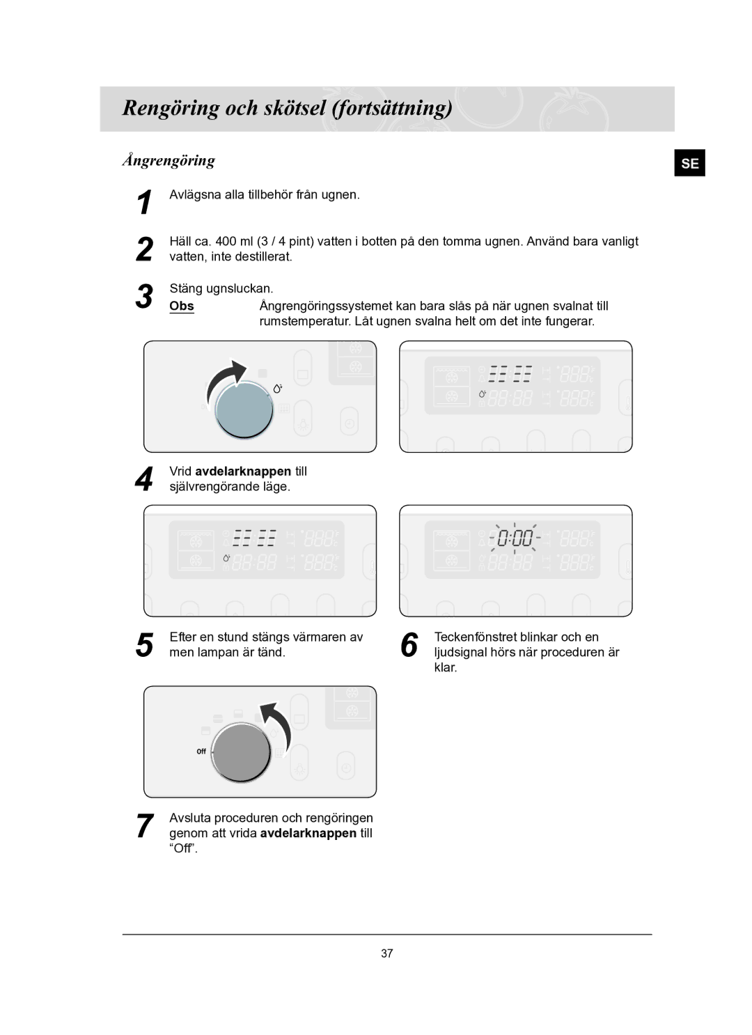 Samsung BT65FQBFST/XEE manual Rengöring och skötsel fortsättning, Ångrengöring, Obs 