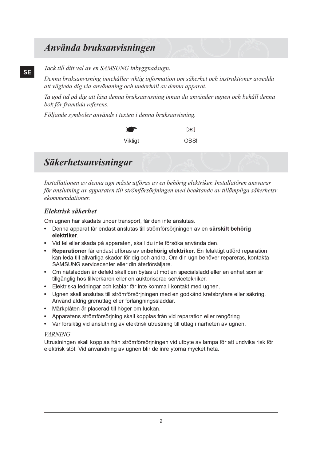 Samsung BT65FQBFST/XEE manual Använda bruksanvisningen, Säkerhetsanvisningar, Elektrisk säkerhet 