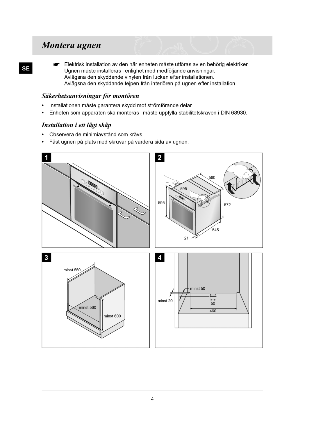 Samsung BT65FQBFST/XEE manual Montera ugnen, Säkerhetsanvisningar för montören, Installation i ett lågt skåp 