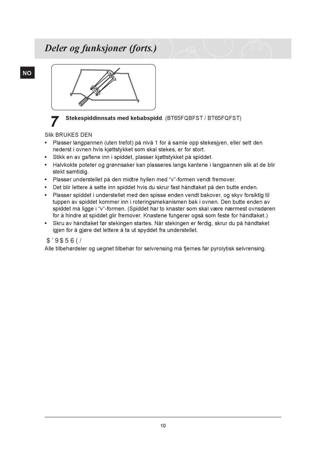 Samsung BT65FQBFST/XEE manual Stekespiddinnsats med kebabspidd. BT65FQBFST / BT65FQFST 