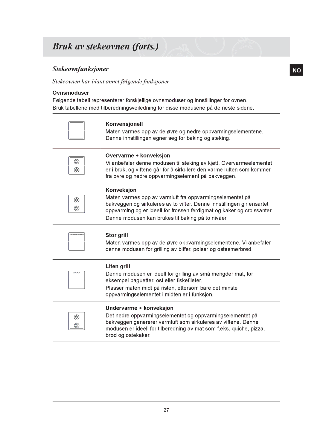 Samsung BT65FQBFST/XEE manual Stekeovnfunksjoner, Stekeovnen har blant annet følgende funksjoner 