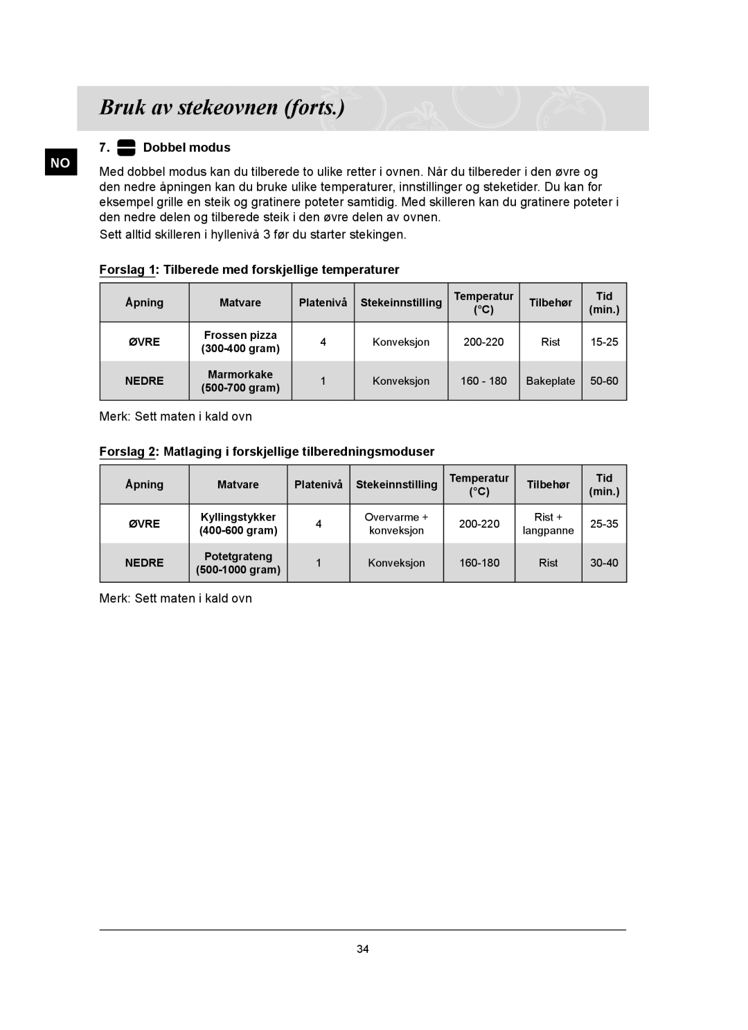 Samsung BT65FQBFST/XEE manual Dobbel modus, Forslag 1 Tilberede med forskjellige temperaturer, Merk Sett maten i kald ovn 