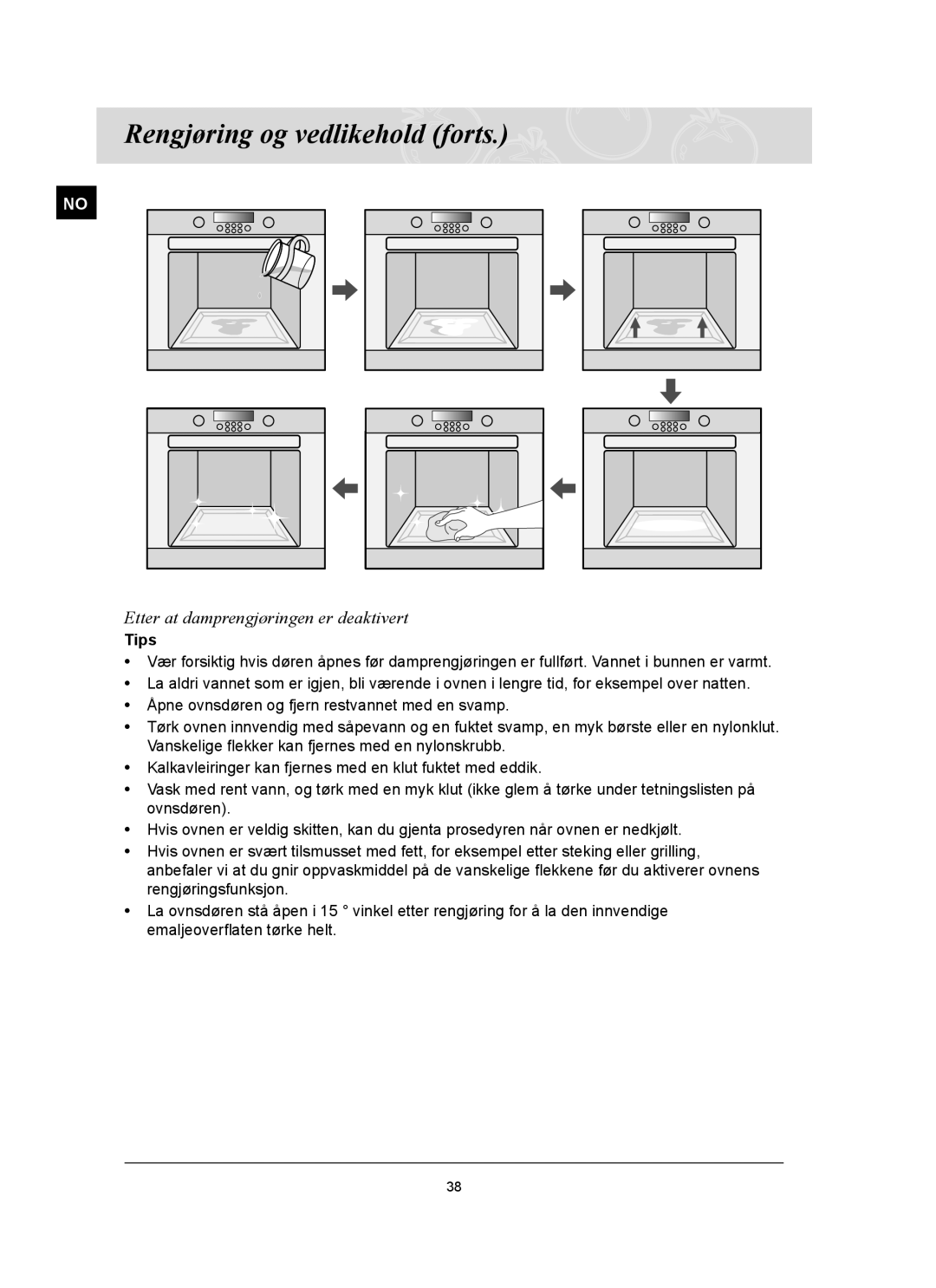 Samsung BT65FQBFST/XEE manual Etter at damprengjøringen er deaktivert, Tips 