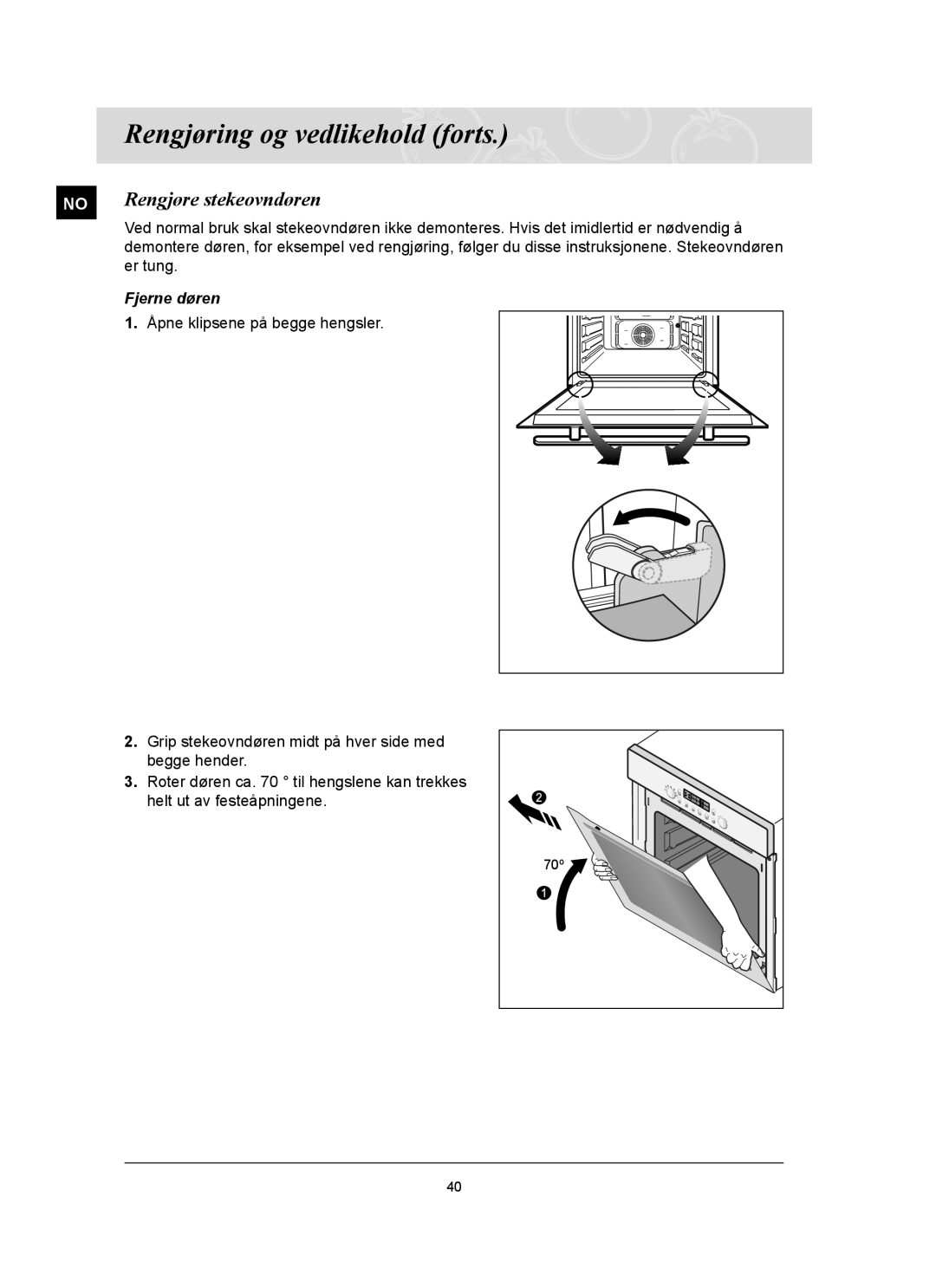 Samsung BT65FQBFST/XEE manual Rengjøre stekeovndøren, Fjerne døren 