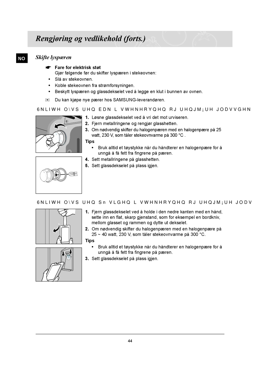 Samsung BT65FQBFST/XEE manual No Skifte lyspæren,  Fare for elektrisk støt 