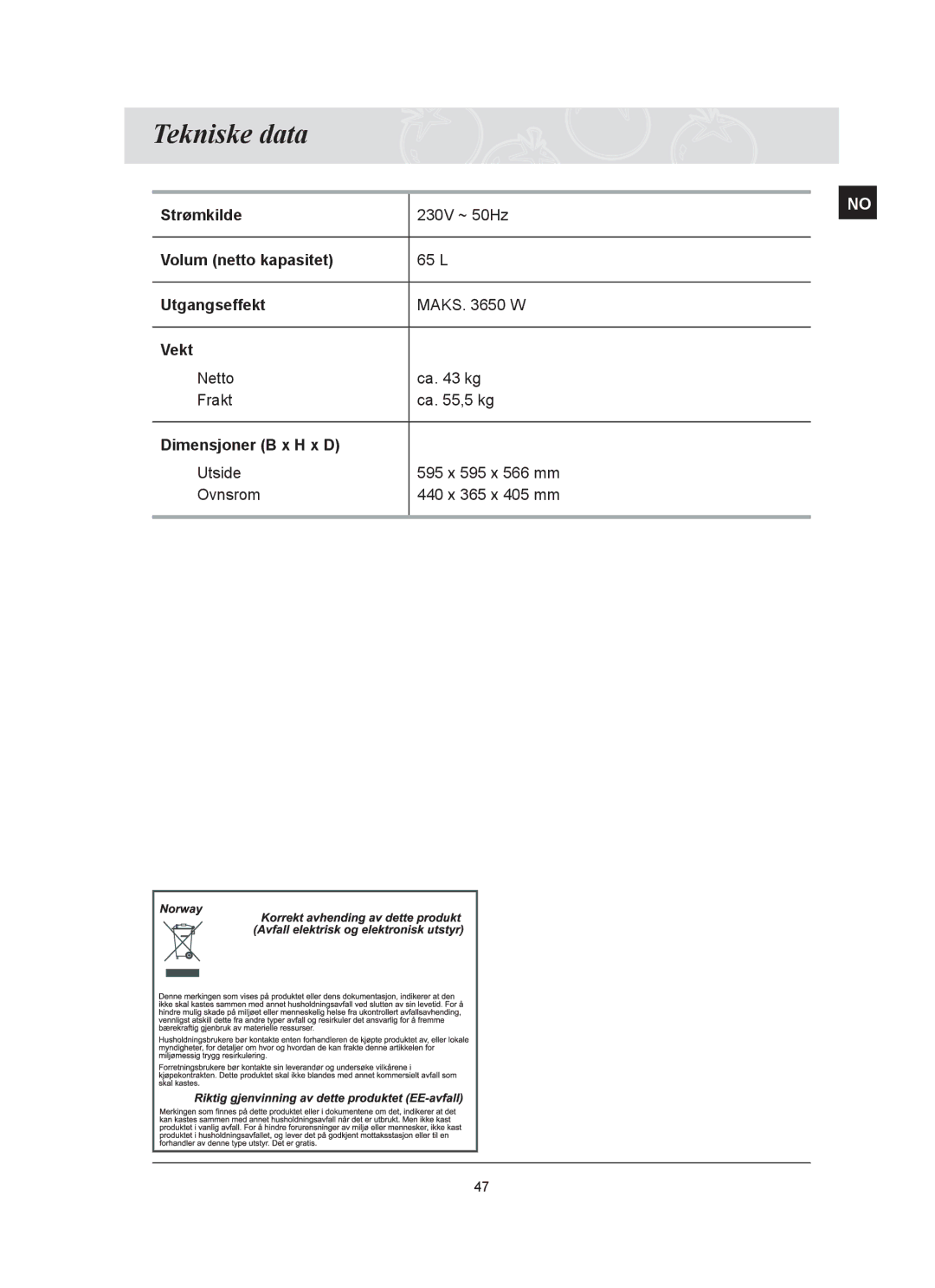 Samsung BT65FQBFST/XEE manual Tekniske data 