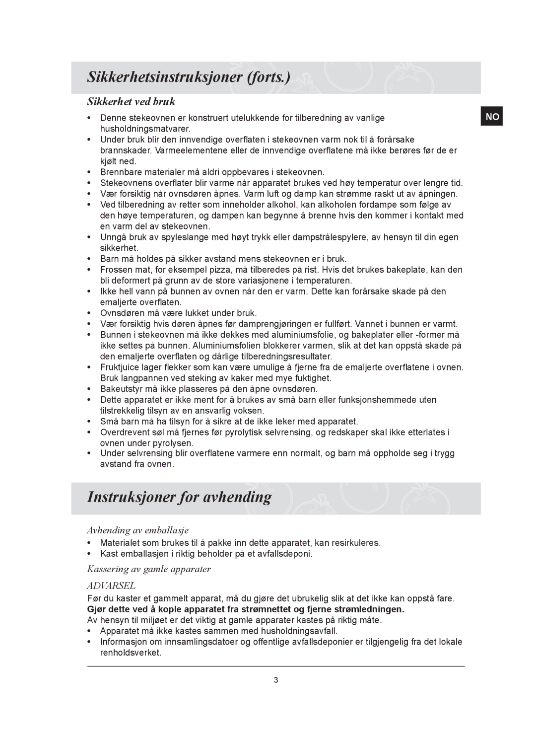 Samsung BT65FQBFST/XEE manual Sikkerhetsinstruksjoner forts, Instruksjoner for avhending, Sikkerhet ved bruk 