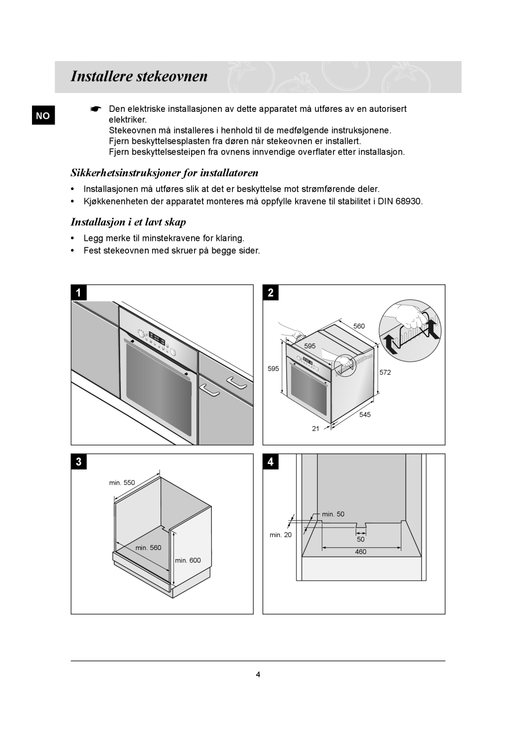 Samsung BT65FQBFST/XEE manual Installere stekeovnen, Sikkerhetsinstruksjoner for installatøren, Installasjon i et lavt skap 