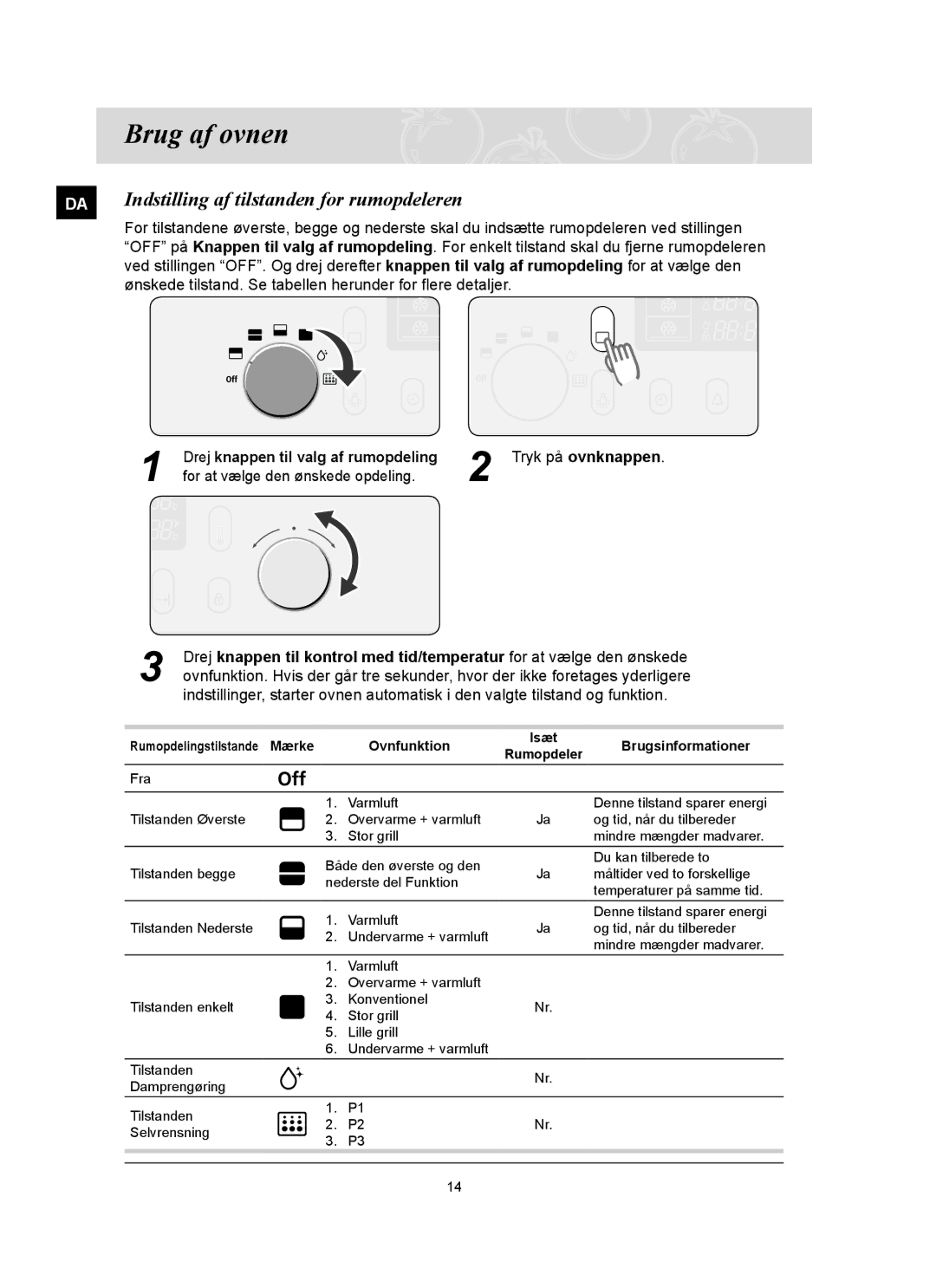 Samsung BT65FQBFST/XEE manual Brug af ovnen, Indstilling af tilstanden for rumopdeleren 