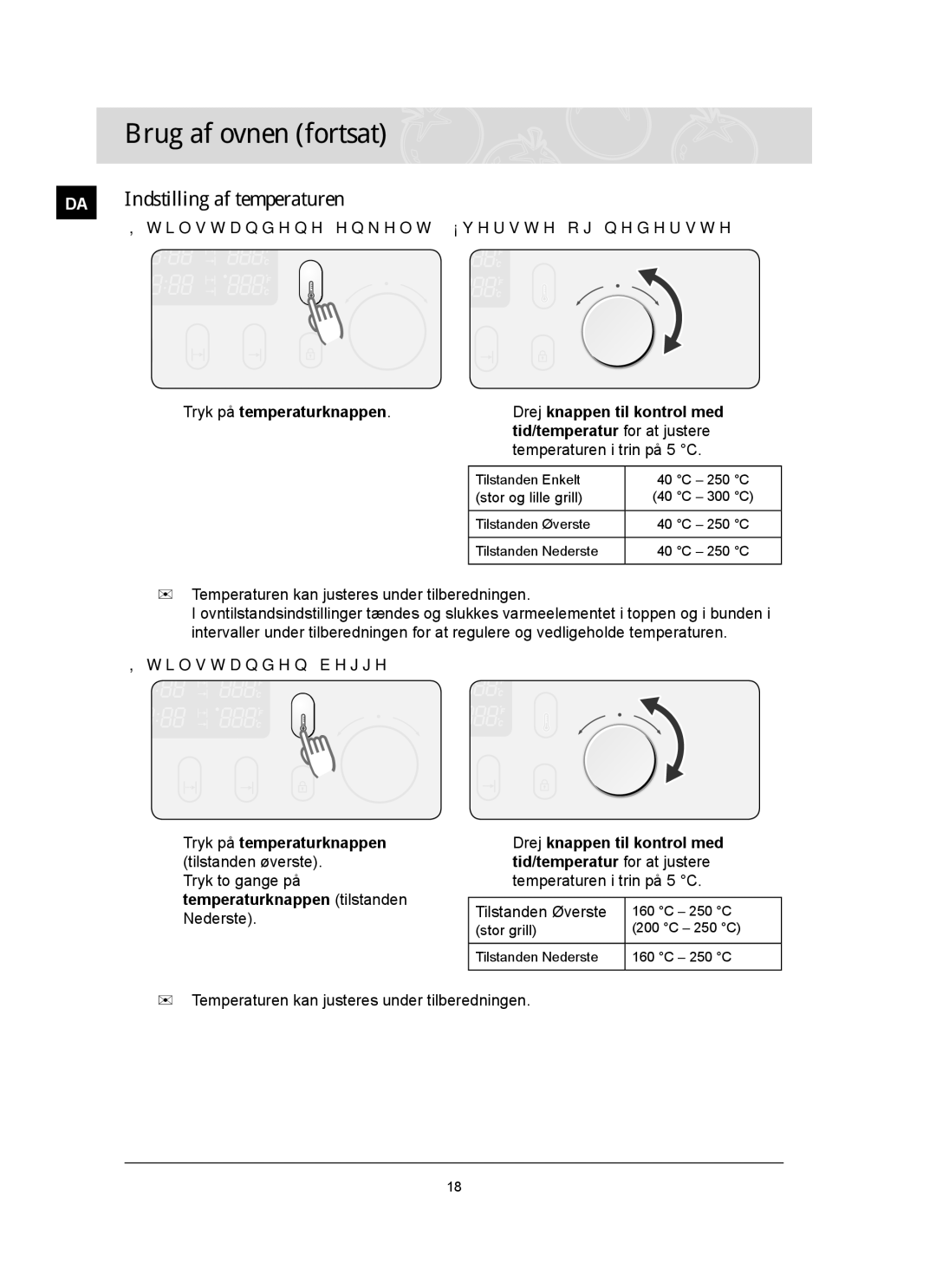 Samsung BT65FQBFST/XEE manual Indstilling af temperaturen, Tryk på temperaturknappen, Tid/temperatur for at justere 