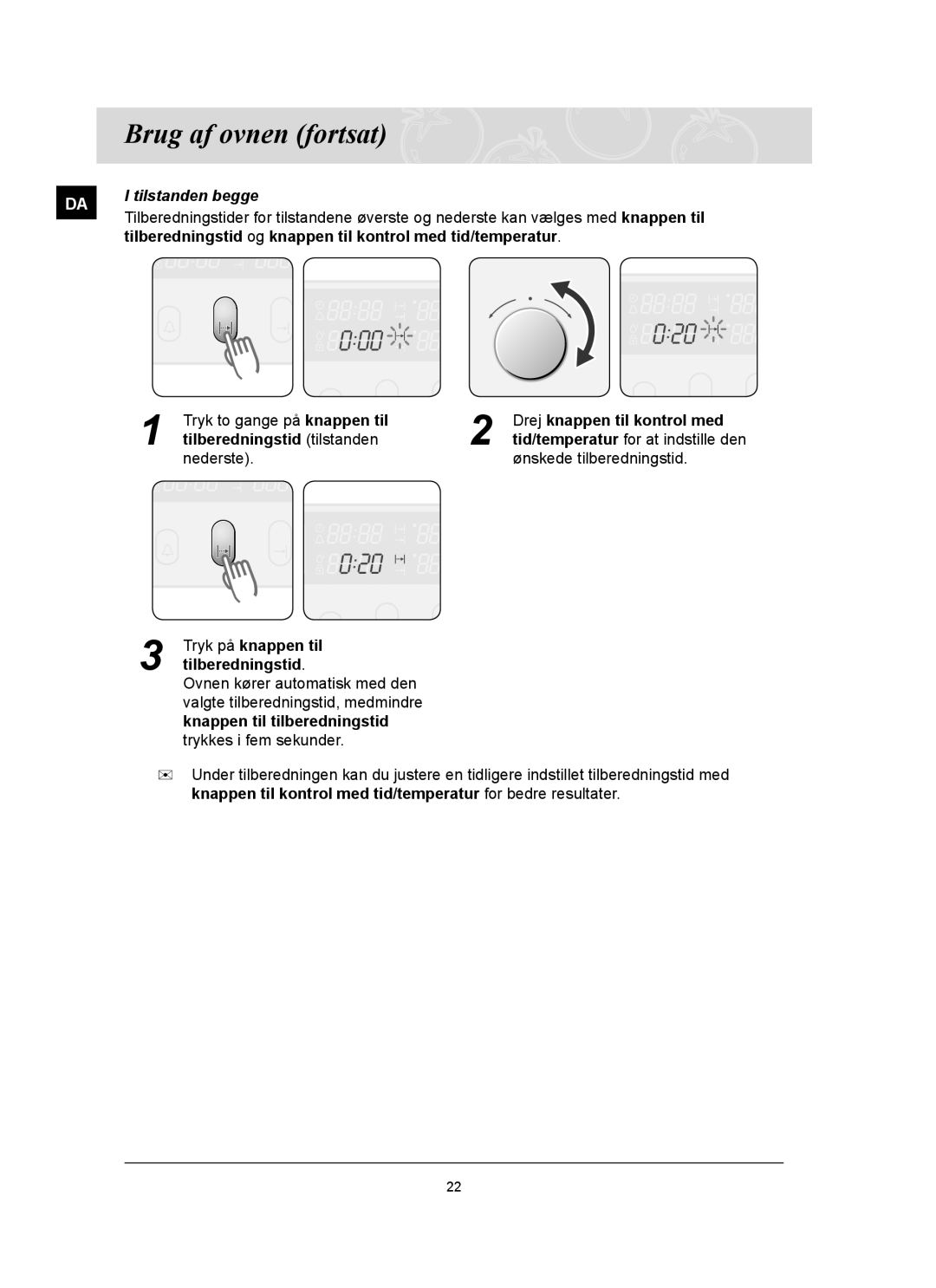 Samsung BT65FQBFST/XEE manual Tilberedningstid og knappen til kontrol med tid/temperatur 