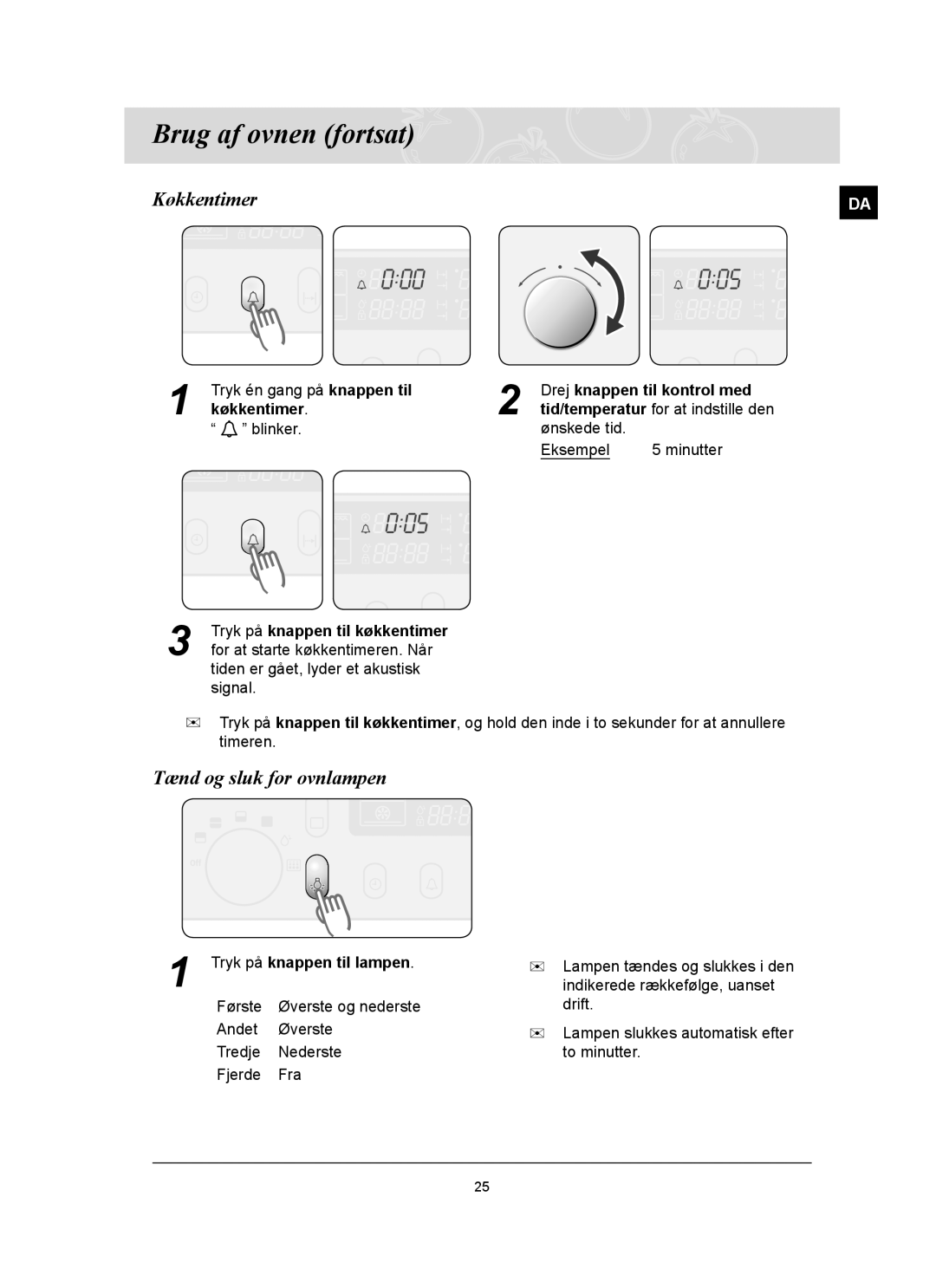 Samsung BT65FQBFST/XEE manual Køkkentimer, Tænd og sluk for ovnlampen, Tryk på knappen til lampen 