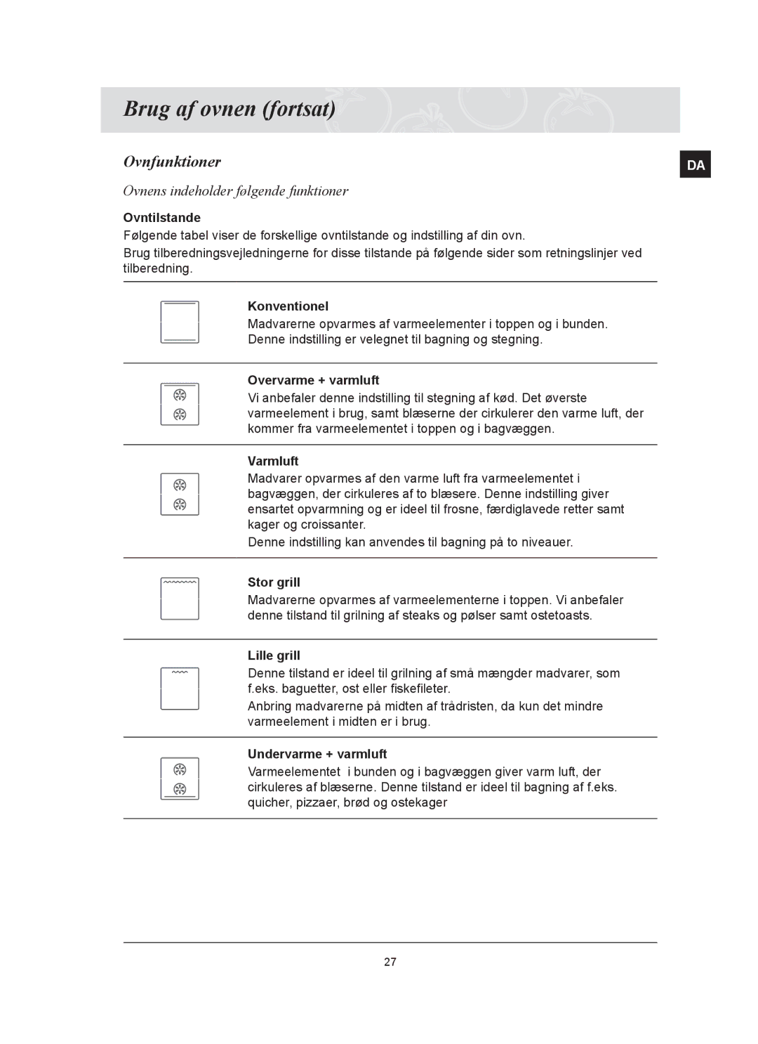 Samsung BT65FQBFST/XEE manual Ovnfunktioner, Ovnens indeholder følgende funktioner 