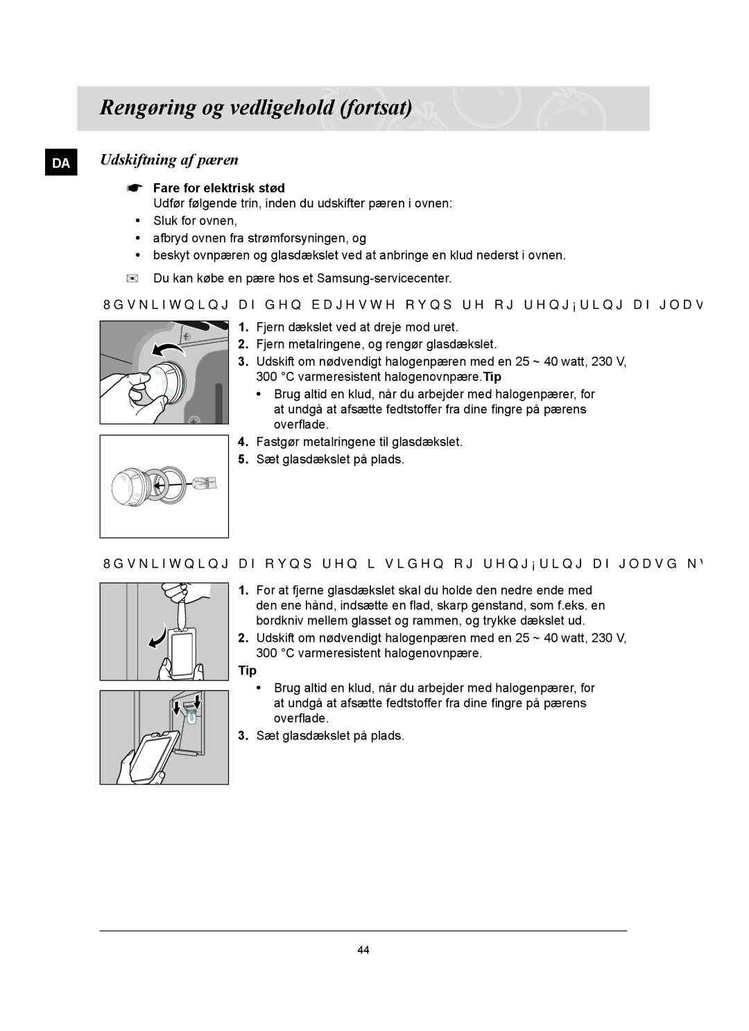 Samsung BT65FQBFST/XEE manual DA Udskiftning af pæren, Fare for elektrisk stød 