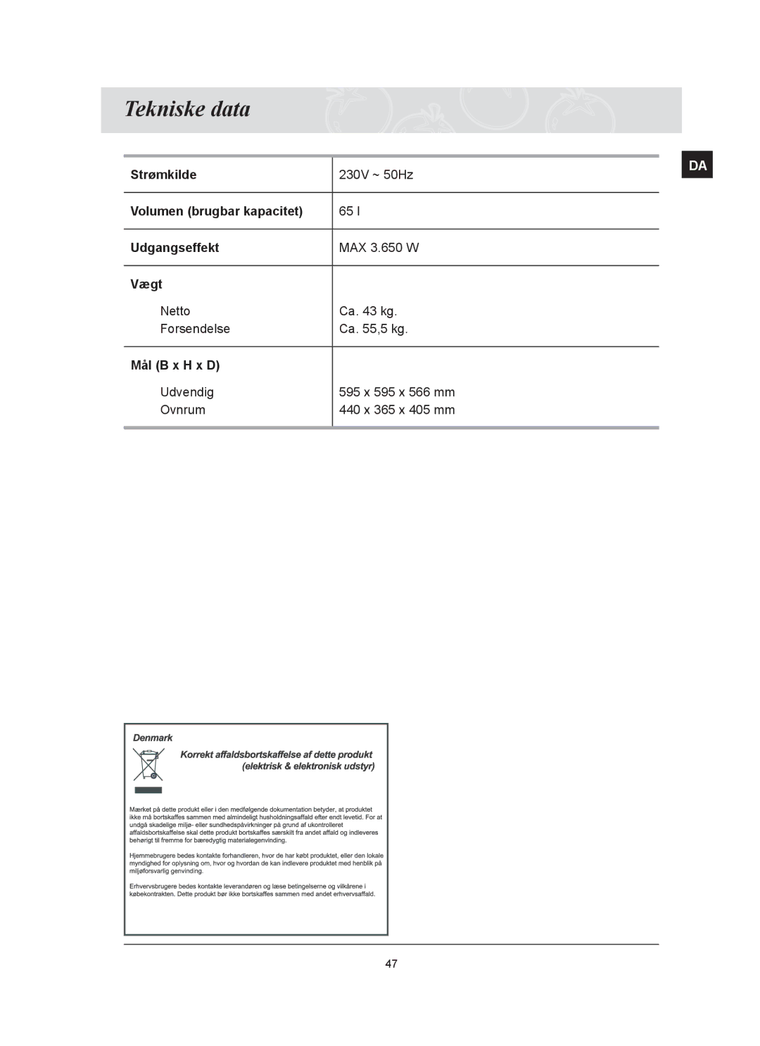 Samsung BT65FQBFST/XEE manual Tekniske data 