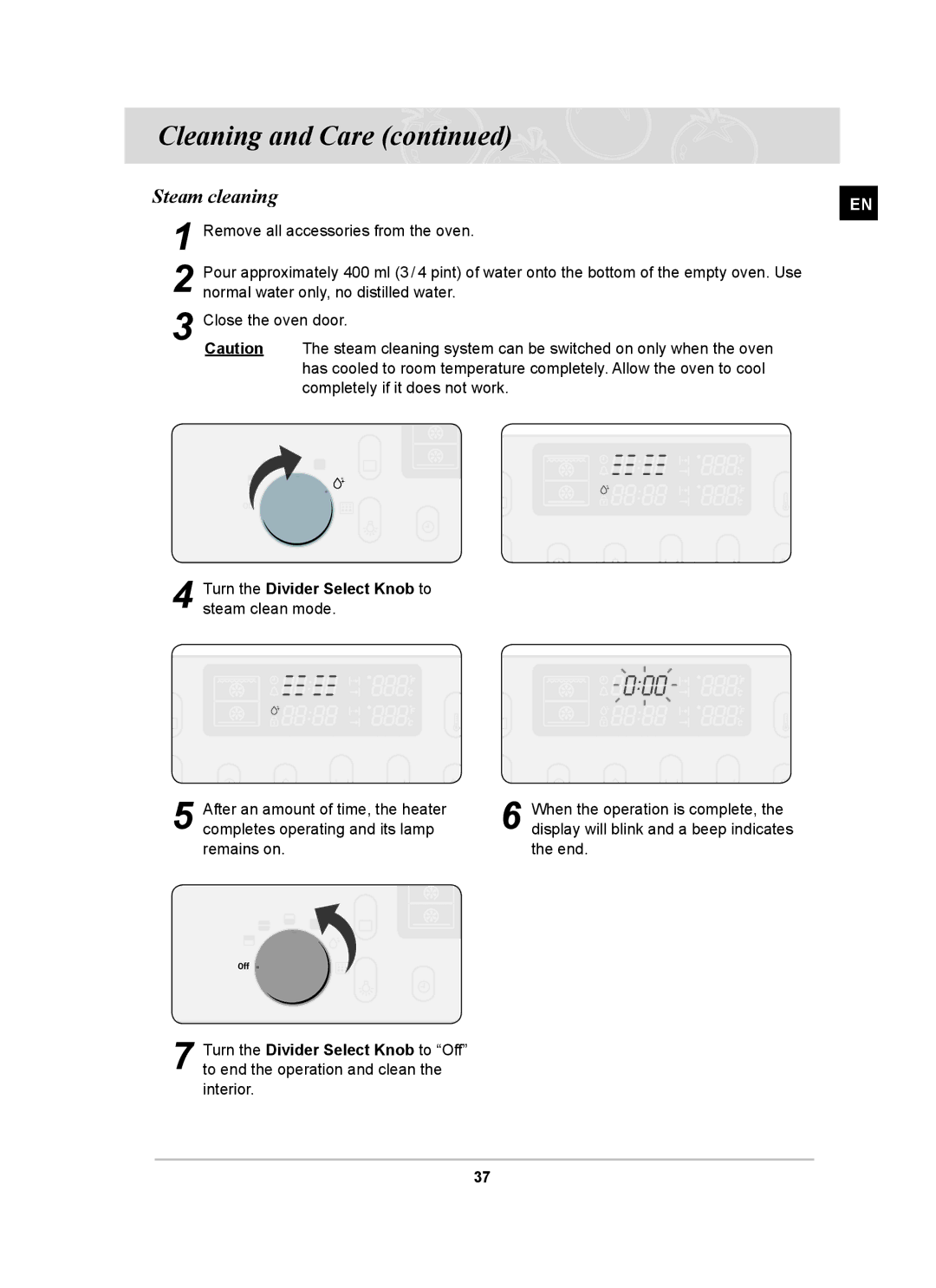 Samsung BT65FQBFST/XEE manual Steam cleaning, Turn the Divider Select Knob to steam clean mode 