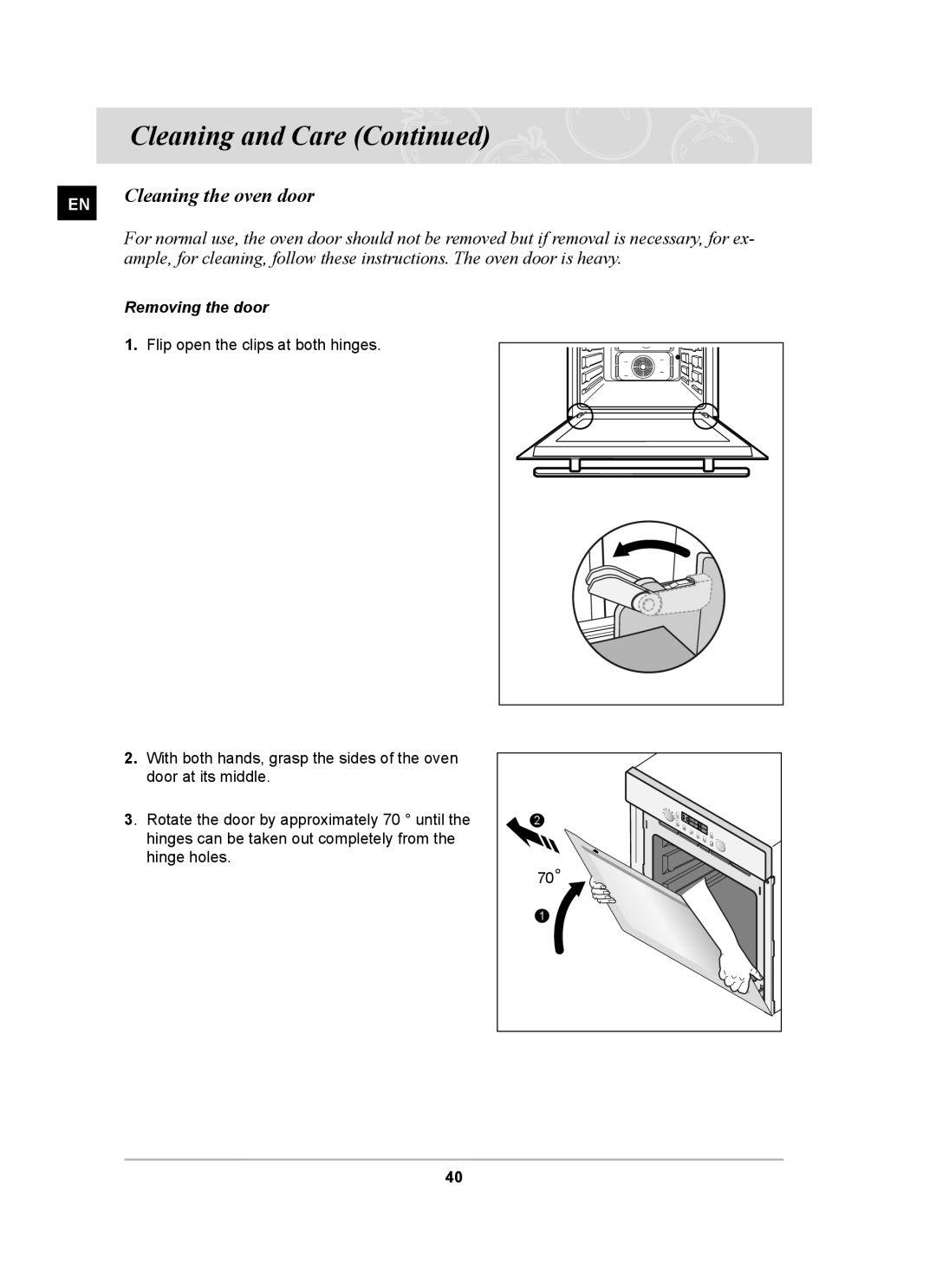 Samsung BT65FQBFST/XEE manual Cleaning the oven door, Removing the door 