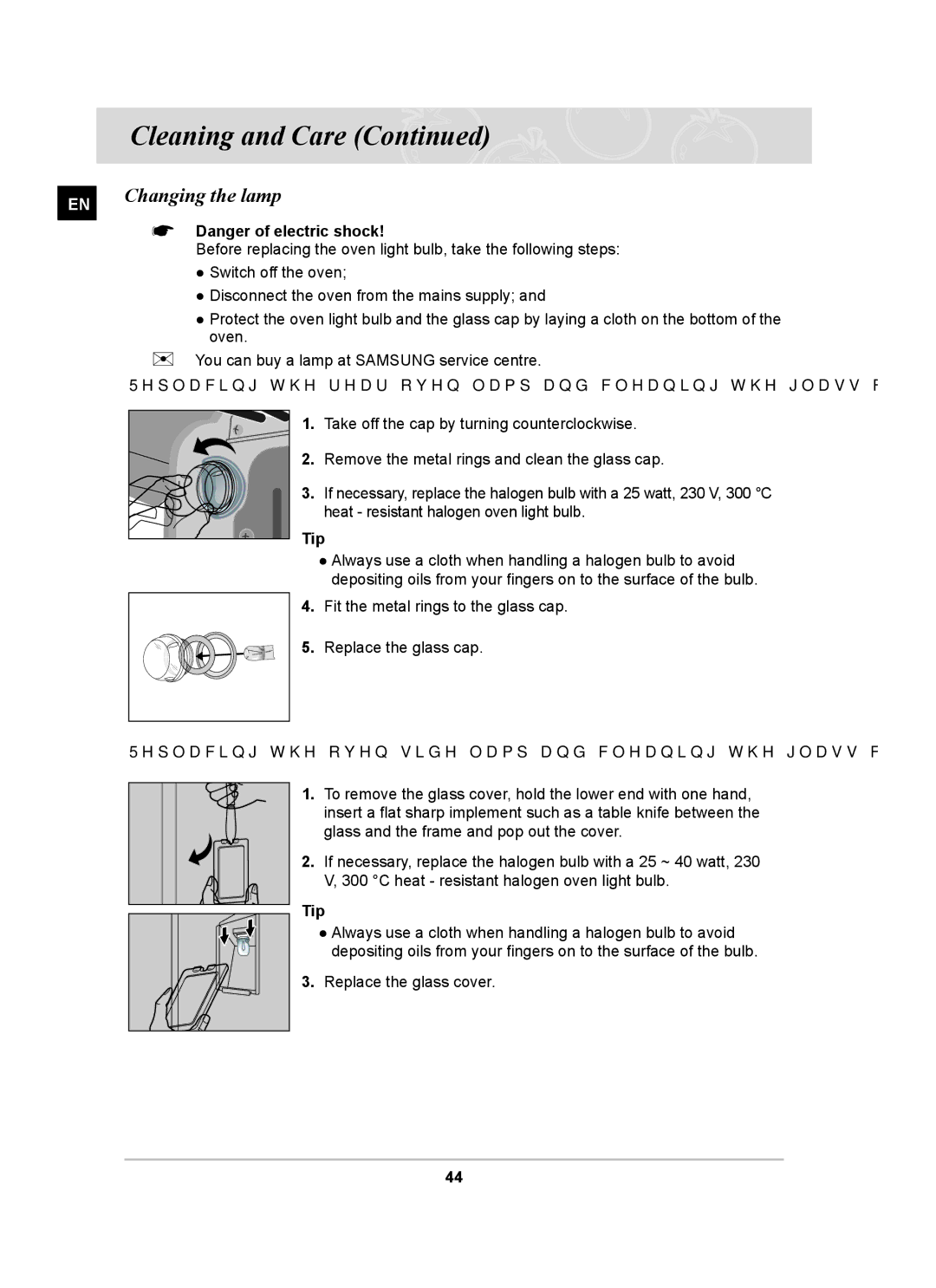 Samsung BT65FQBFST/XEE manual Changing the lamp,  Danger of electric shock, Tip 