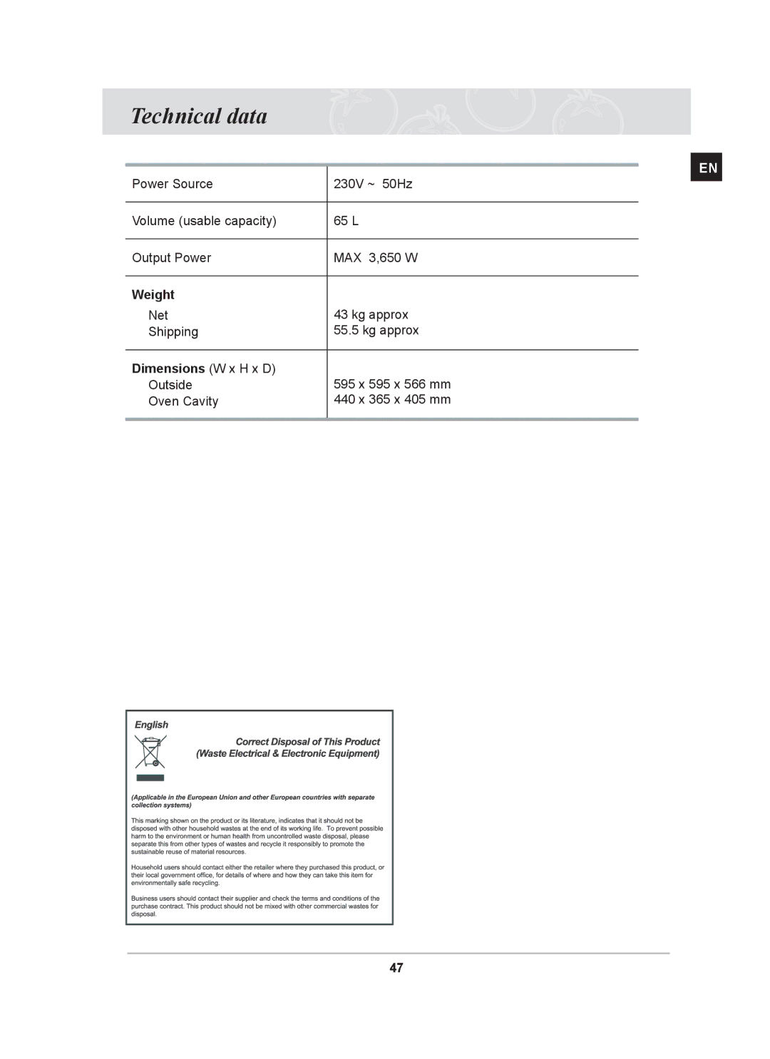 Samsung BT65FQBFST/XEE manual Technical data, Weight, Dimensions W x H x D 