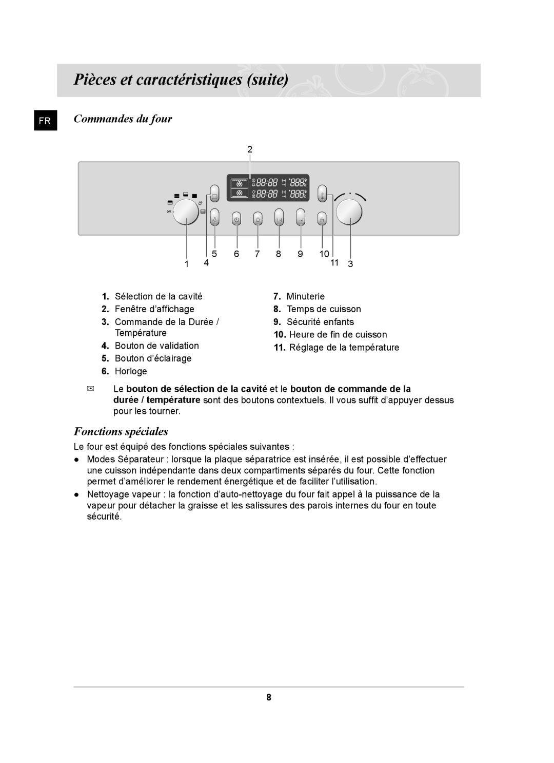 Samsung BT65FQBPST/XEF manual Commandes du four, Fonctions spéciales 