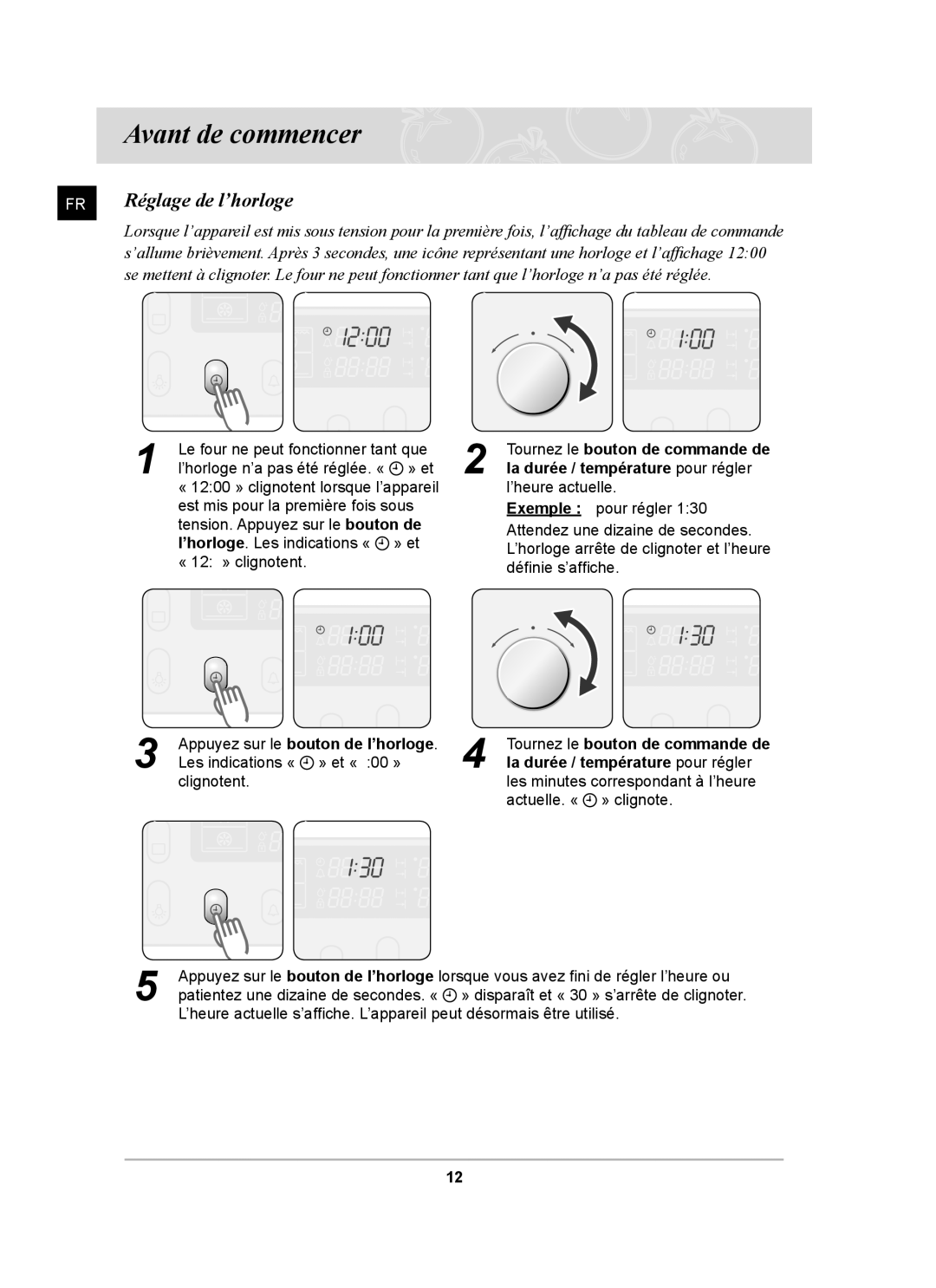 Samsung BT65FQBPST/XEF manual Avant de commencer, Réglage de l’horloge 