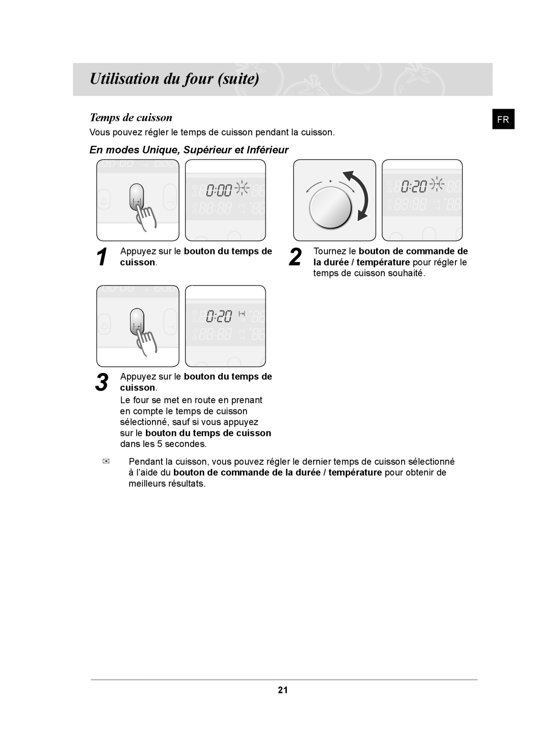 Samsung BT65FQBPST/XEF manual Temps de cuisson, Appuyez sur le bouton du temps de cuisson 