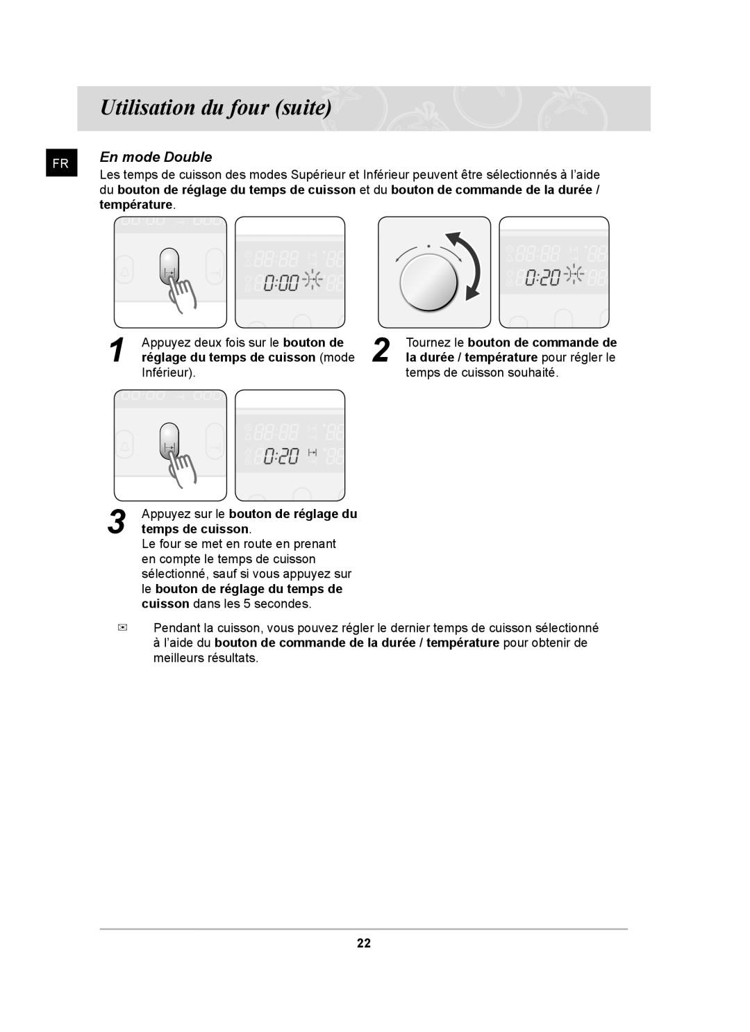 Samsung BT65FQBPST/XEF manual Appuyez deux fois sur le bouton de, Inférieur Temps de cuisson souhaité 