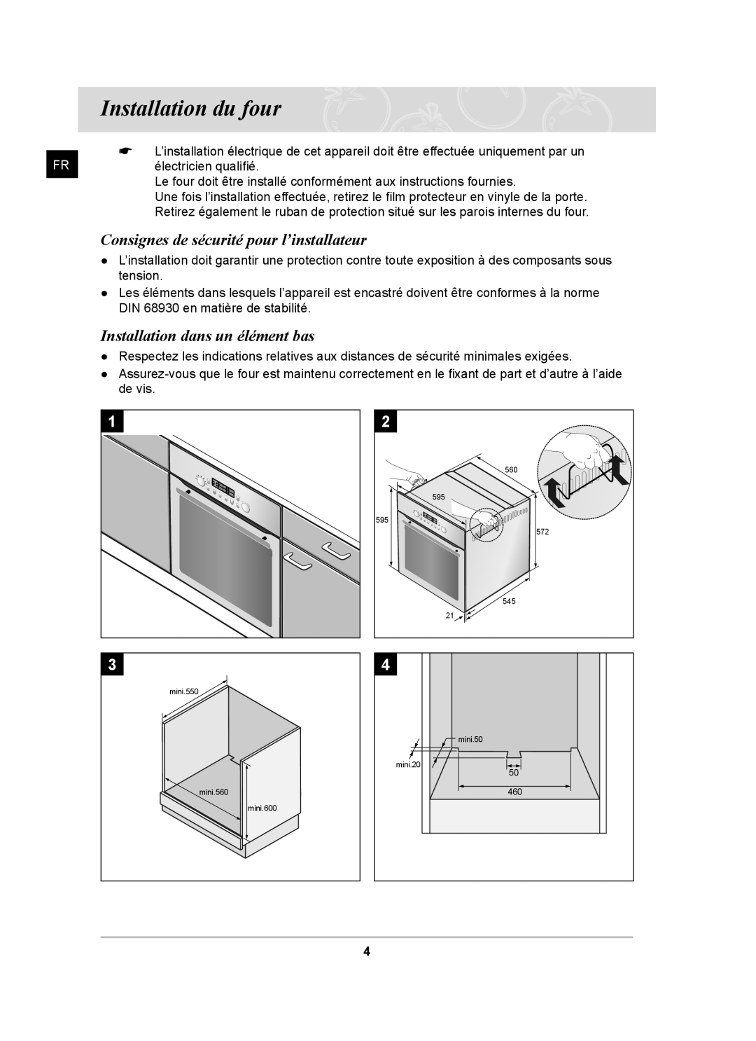 Samsung BT65FQBPST/XEF Installation du four, Consignes de sécurité pour l’installateur, Installation dans un élément bas 