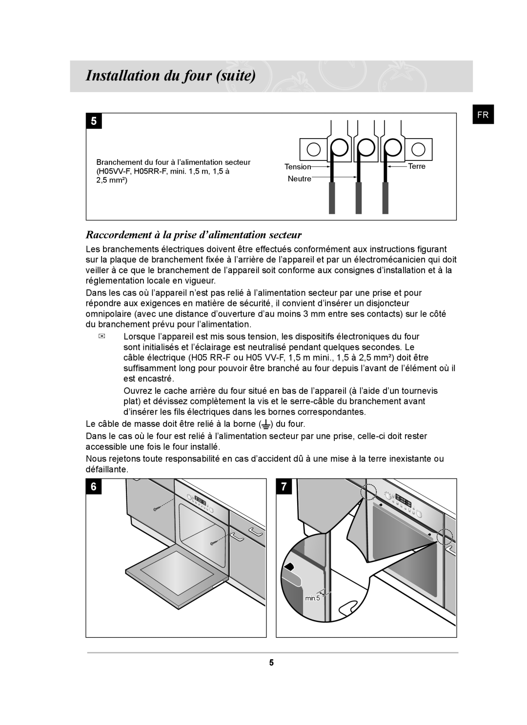 Samsung BT65FQBPST/XEF manual Installation du four suite, Raccordement à la prise d’alimentation secteur 