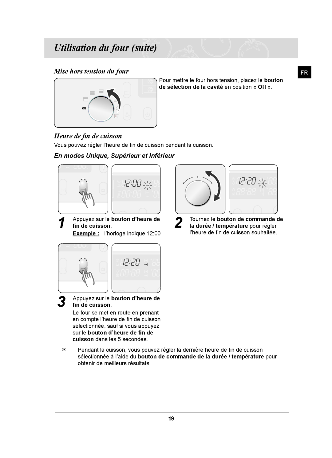 Samsung BT65FQNHX/XEF manual Mise hors tension du four, Heure de fin de cuisson, En modes Unique, Supérieur et Inférieur 