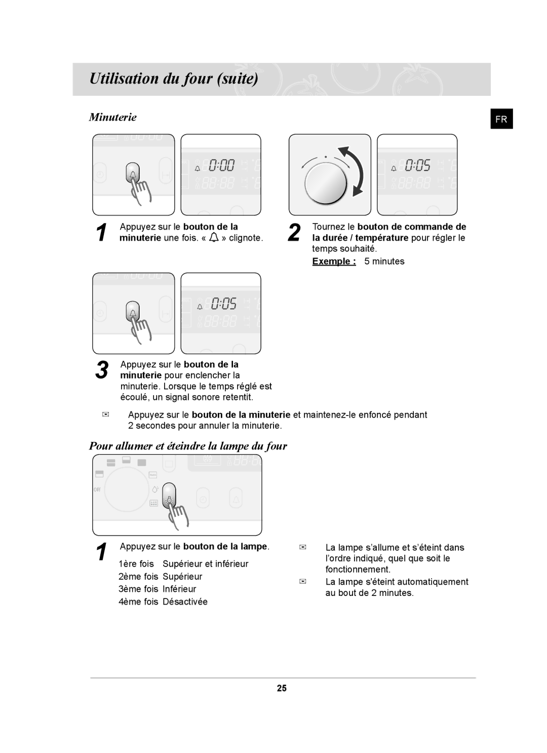 Samsung BT65FQNHX/XEF manual Minuterie, Pour allumer et éteindre la lampe du four 