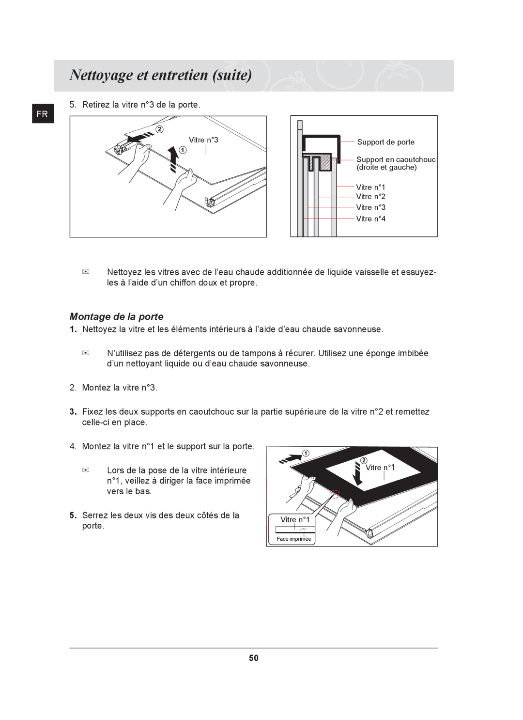 Samsung BT65FQNHX/XEF manual Montage de la porte, Retirez la vitre n3 de la porte 