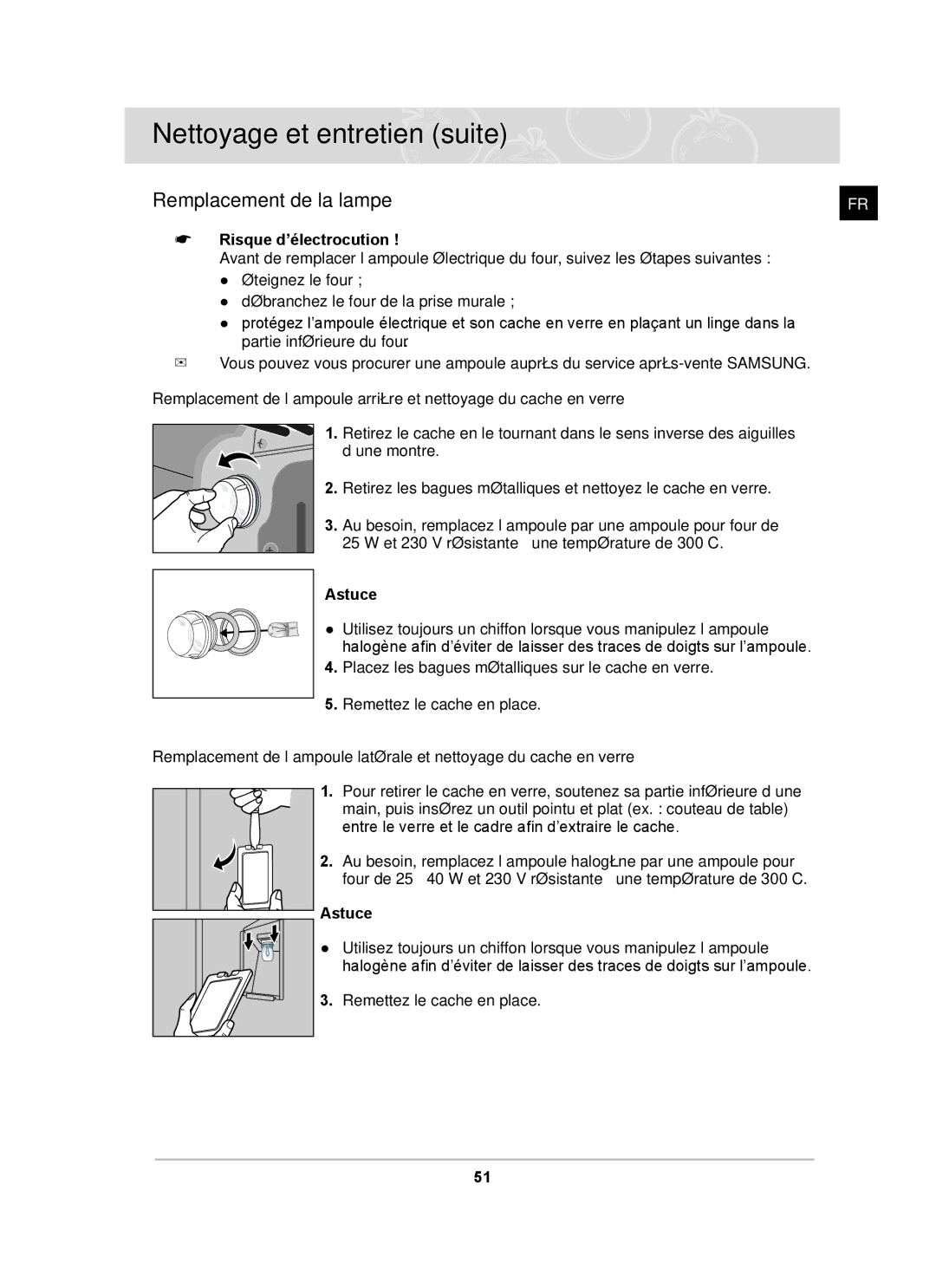 Samsung BT65FQNHX/XEF manual Remplacement de la lampe, Risque d’électrocution, Astuce 