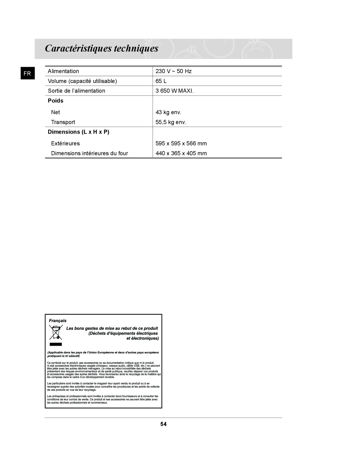 Samsung BT65FQNHX/XEF manual Caractéristiques techniques, Poids, Dimensions L x H x P 