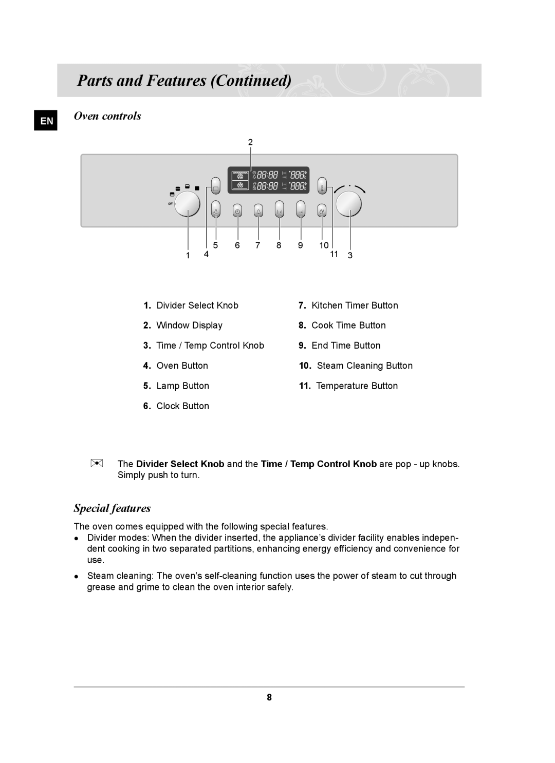 Samsung BT65TDFST/XEH, BT65TDFSTP/XEH manual Oven controls, Special features 